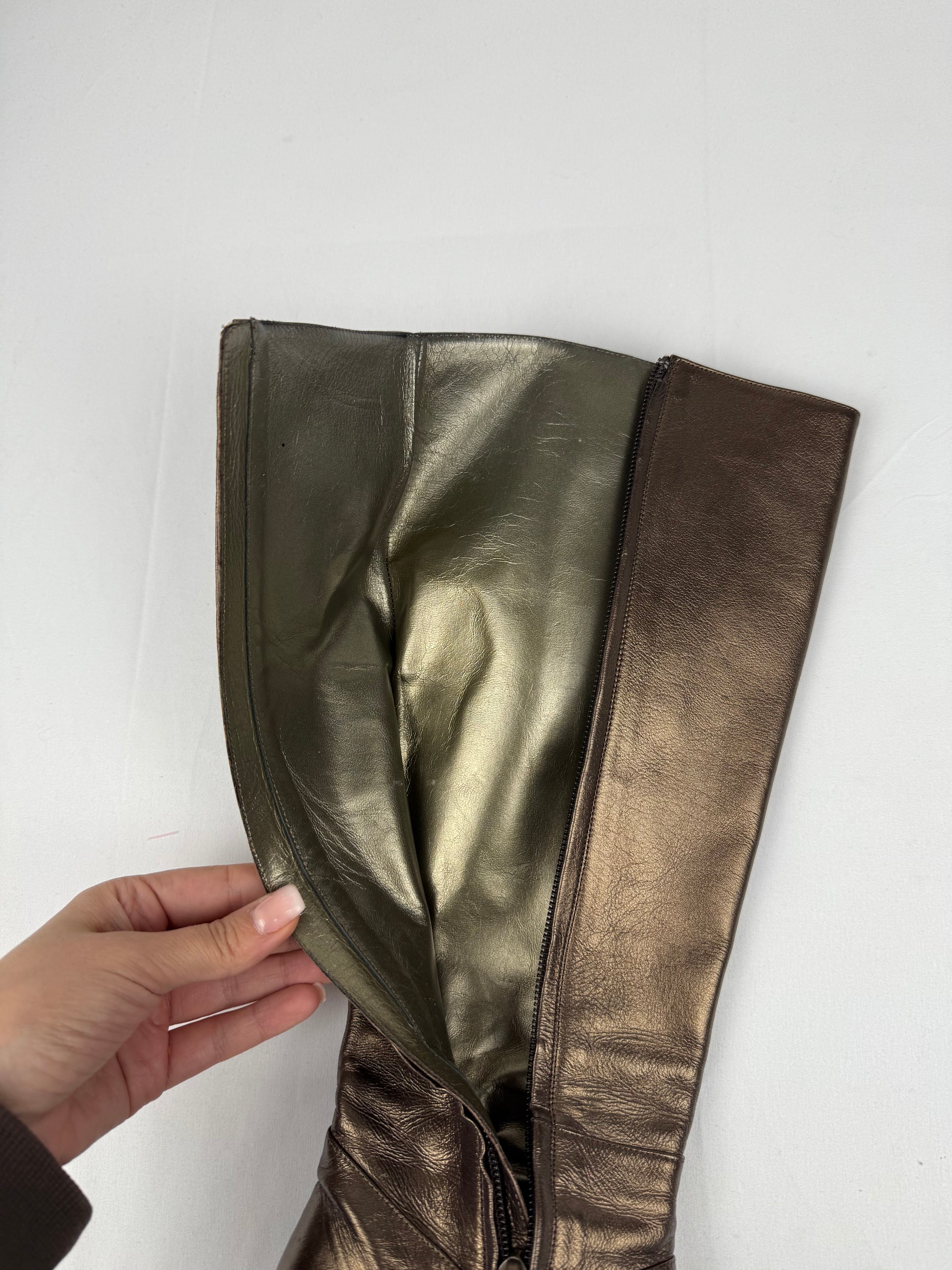 Brown gold real leather knee high boots (37)