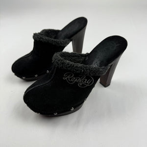 Black inside fleece suede leather heels mules (36)