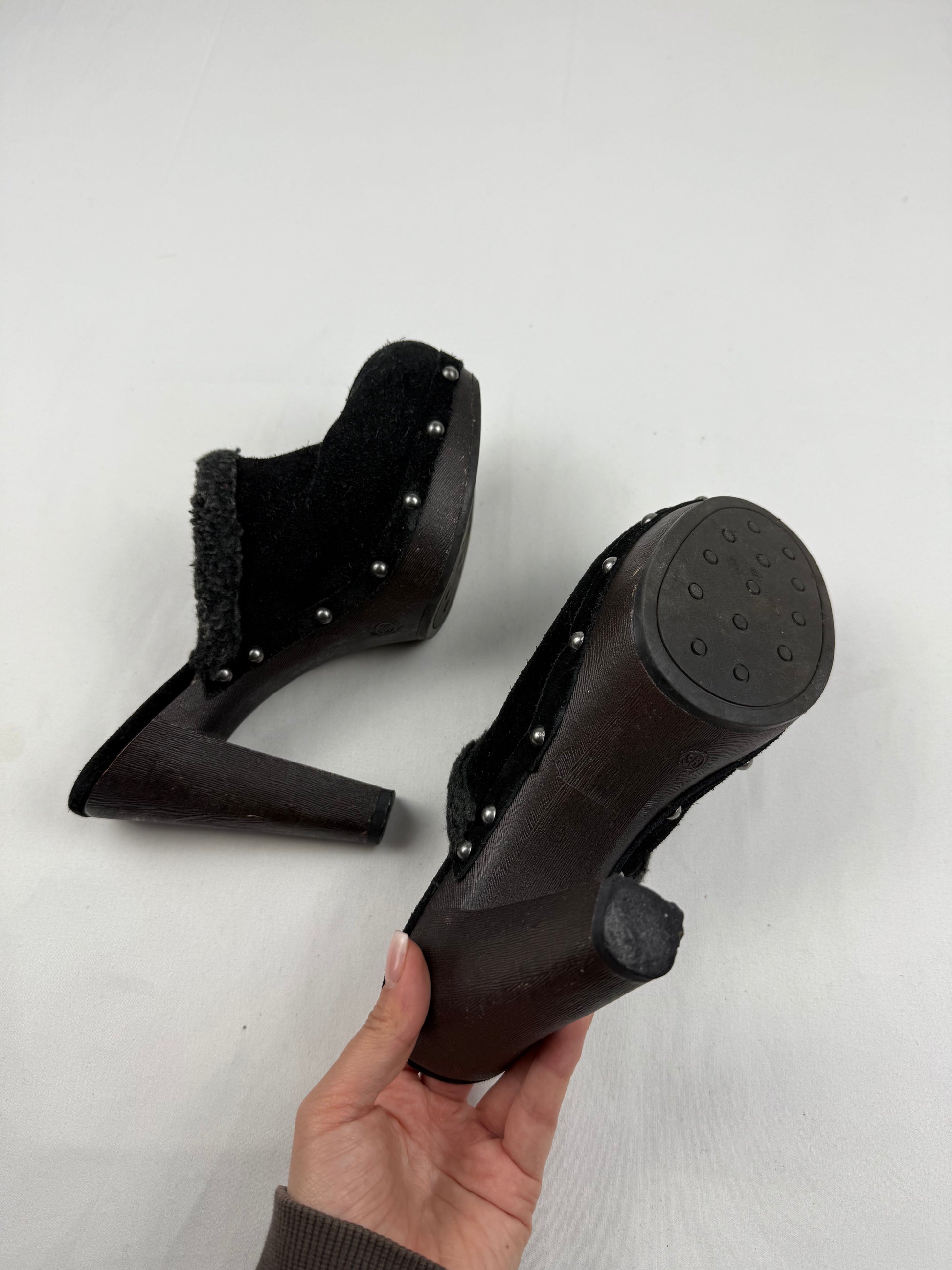 Black inside fleece suede leather heels mules (36)