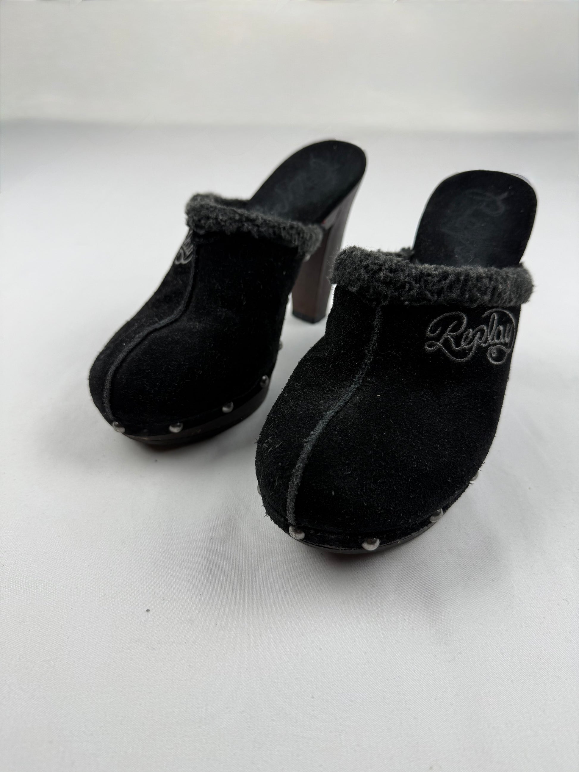 Black inside fleece suede leather heels mules (36)