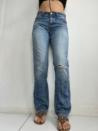 Blue denim low rise baggy pants (S)