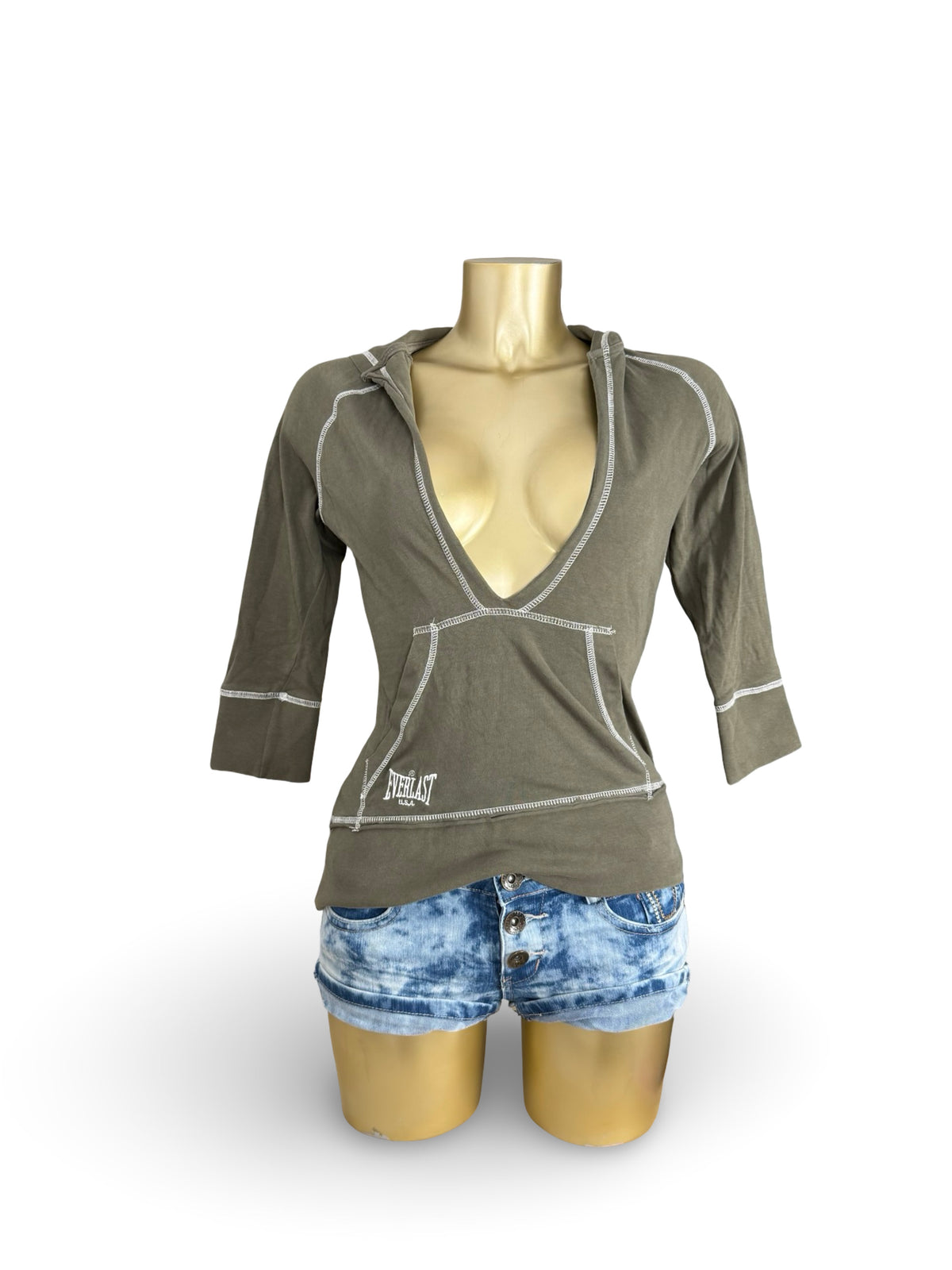 Khaki cotton hooded long sleeves top (XS)