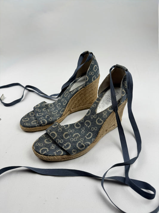 Blue monogram tie up wedge heels (41)