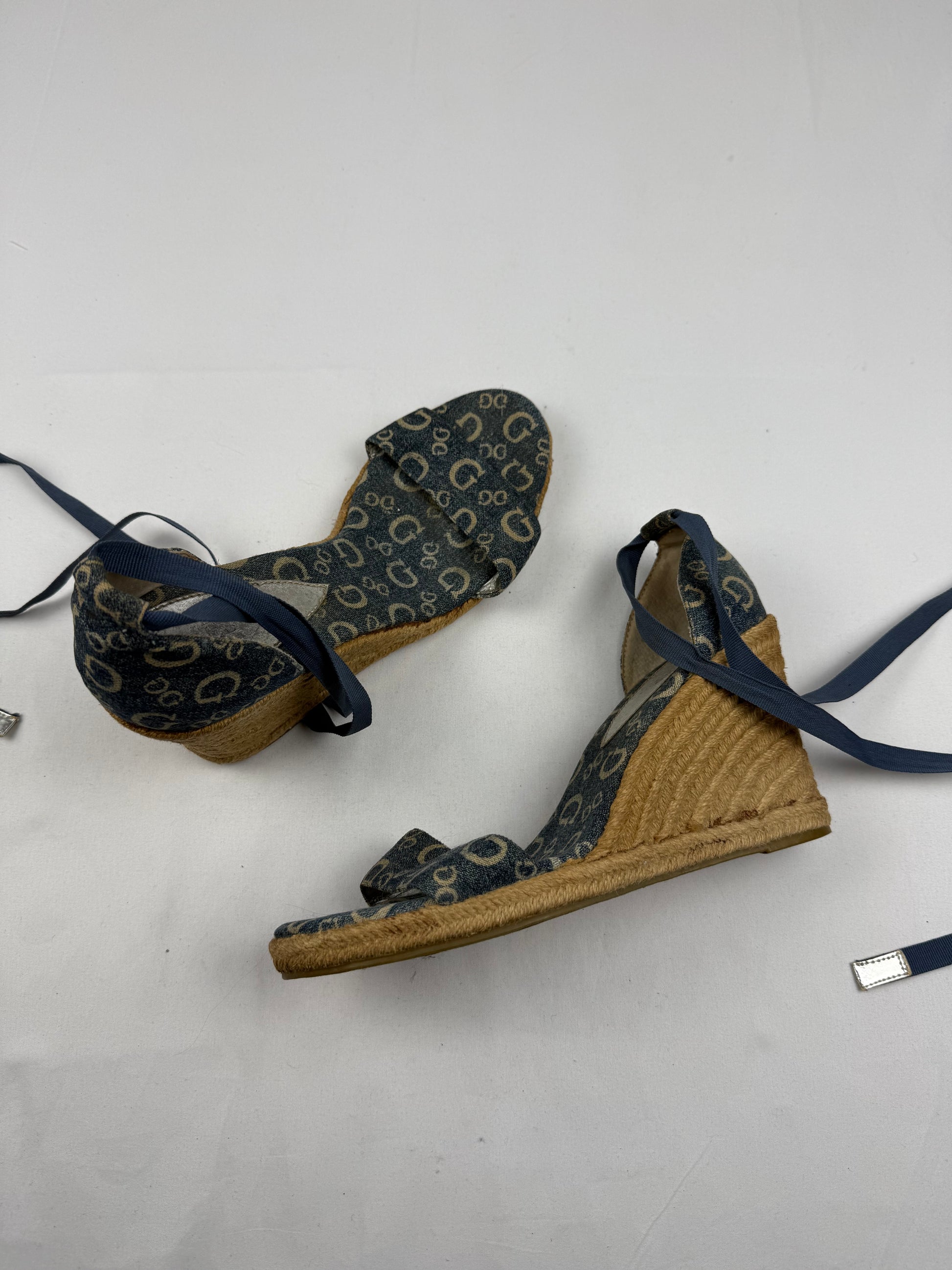 Blue monogram tie up wedge heels (41)