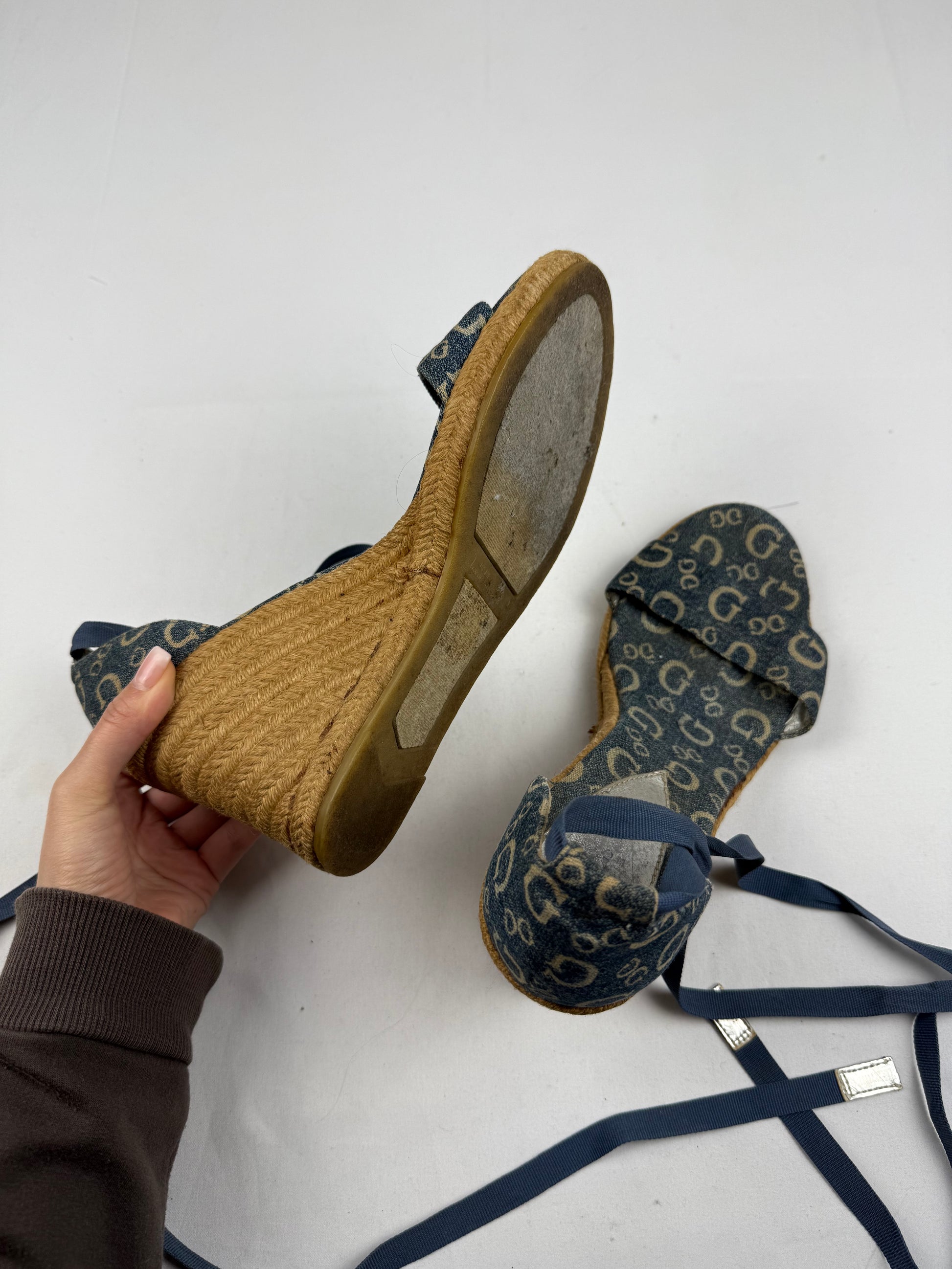 Blue monogram tie up wedge heels (41)