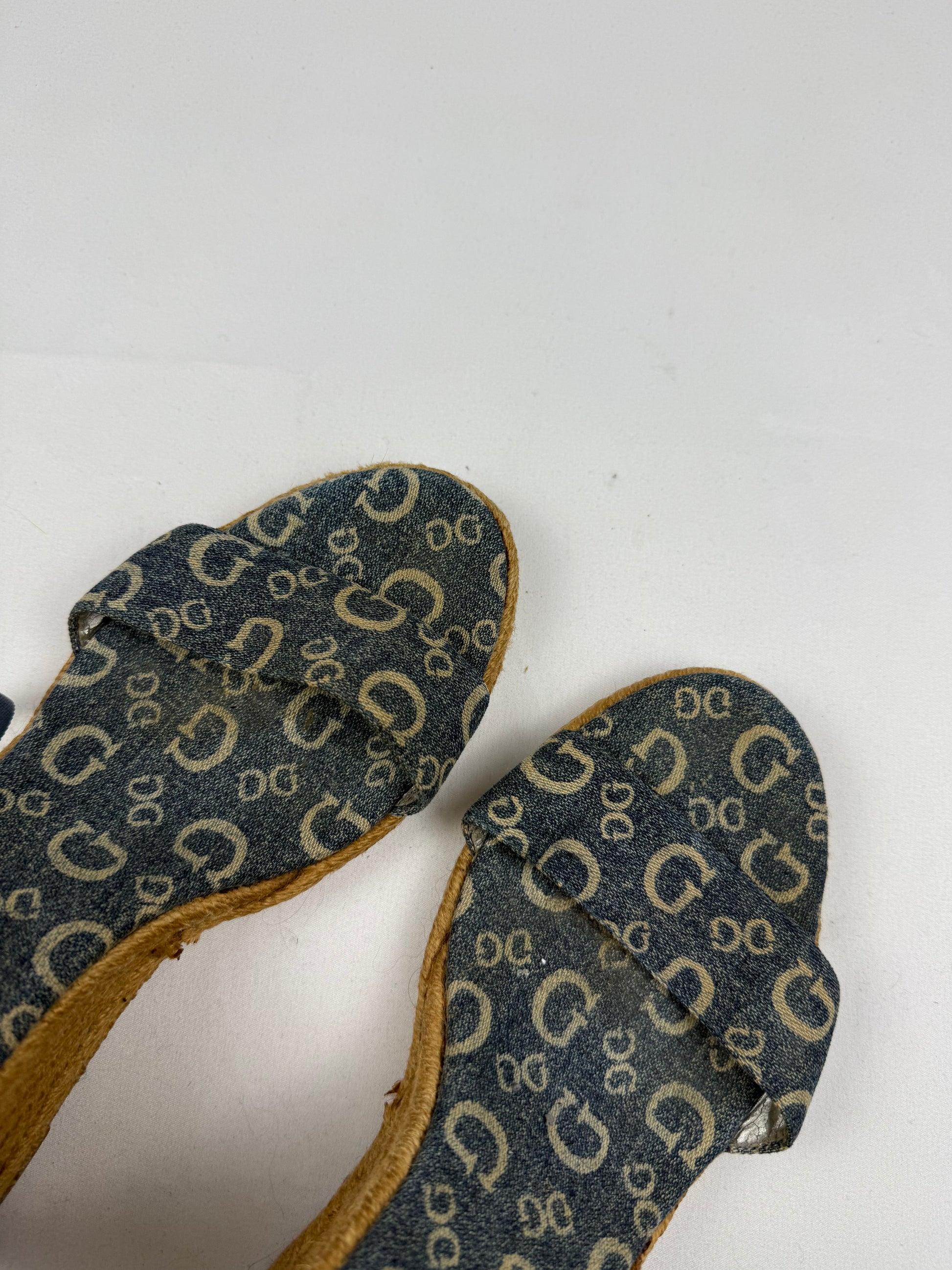 Blue monogram tie up wedge heels (41)