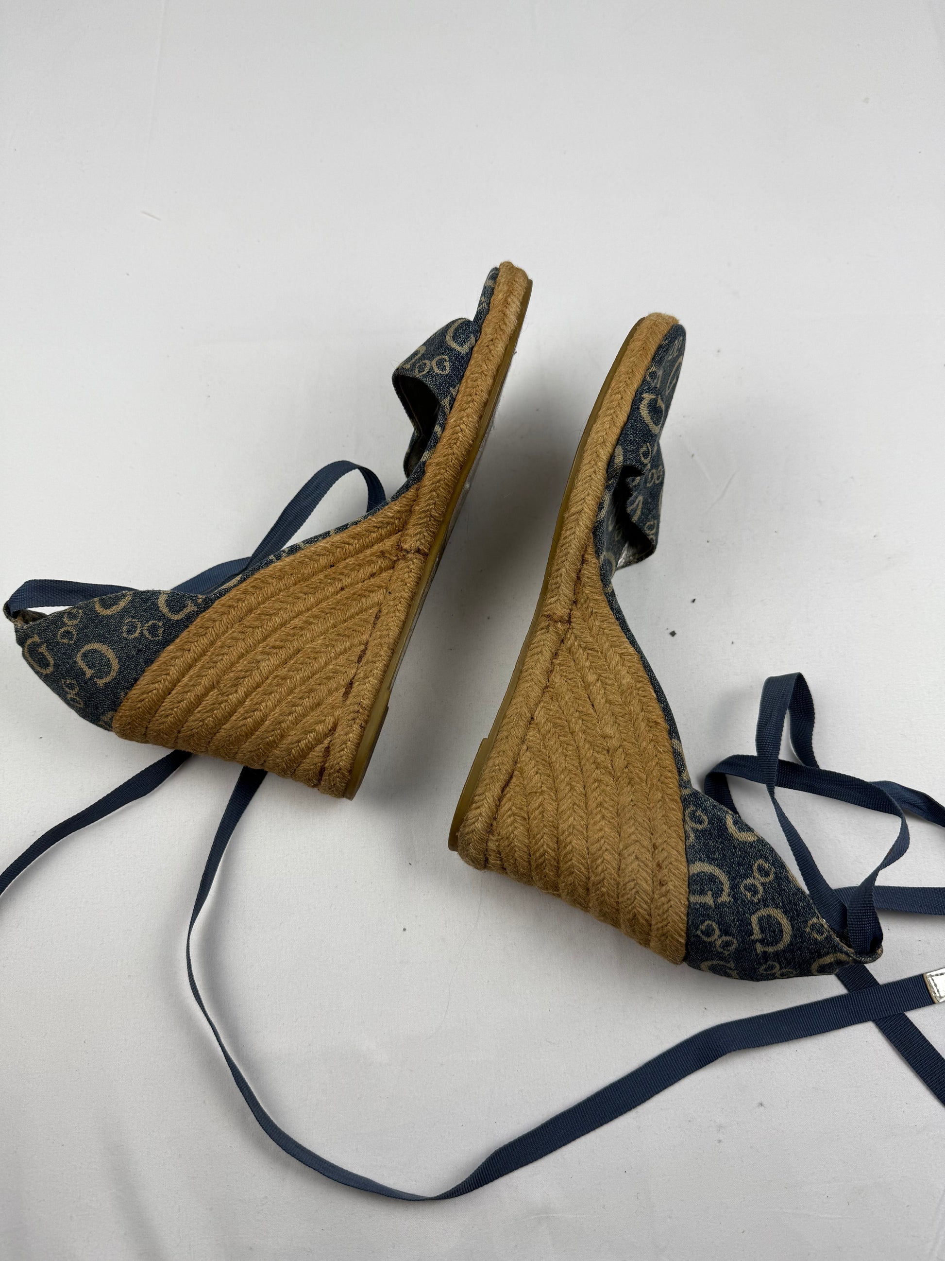 Blue monogram tie up wedge heels (41)