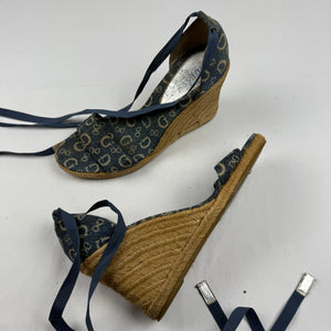 Blue monogram tie up wedge heels (41)