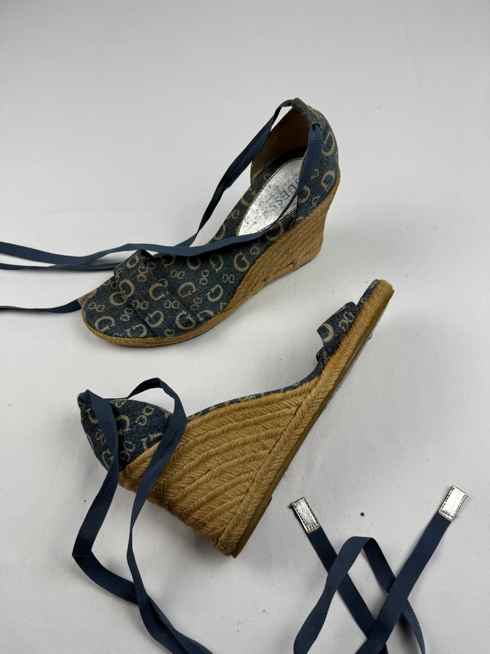 Blue monogram tie up wedge heels (41)