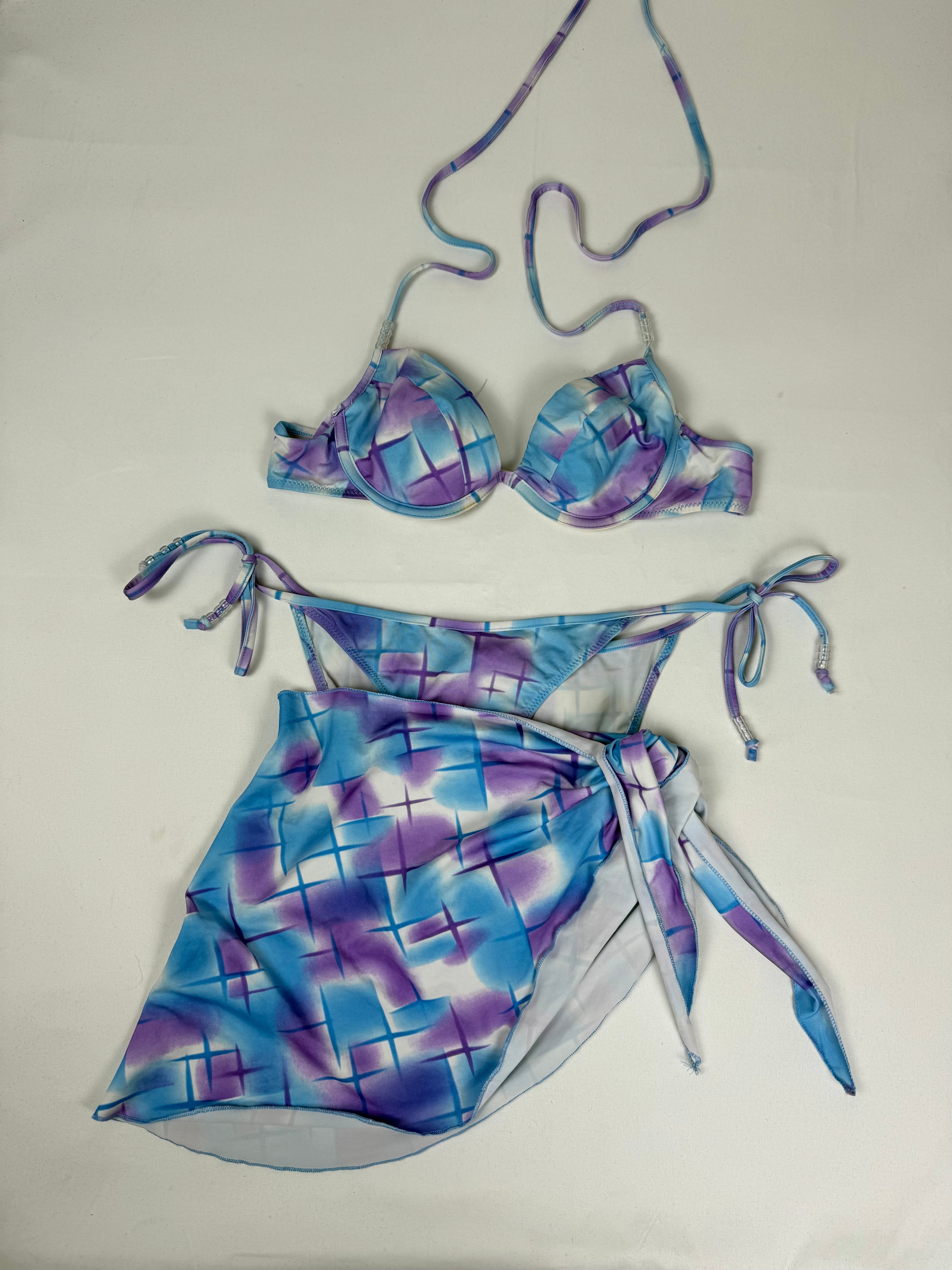 Blue graphic low rise bikini + pareo set (S/M)