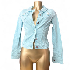 Blue denim zip up tight fit biker jacket (XS)