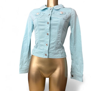 Blue denim zip up tight fit biker jacket (XS)