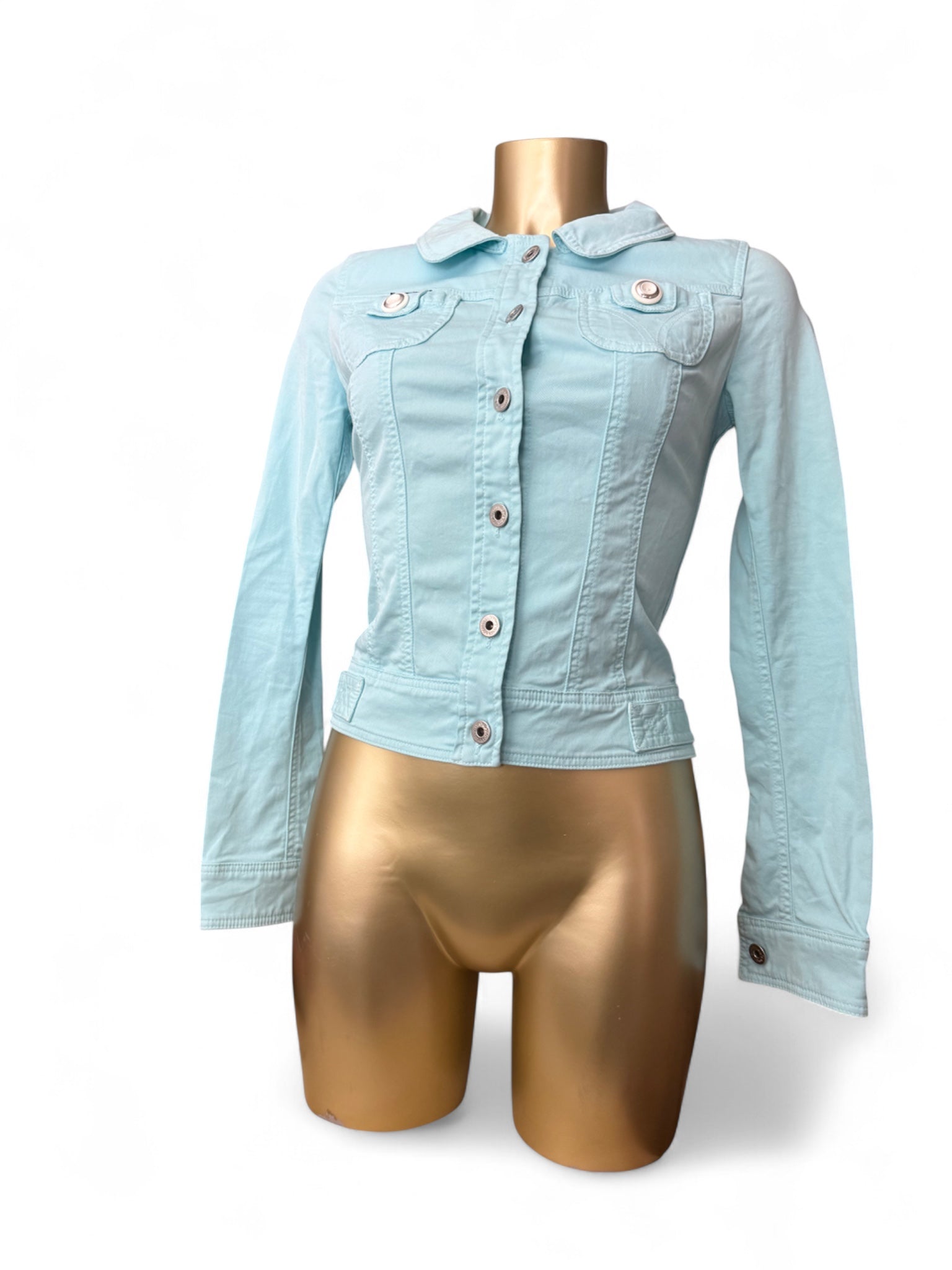 Blue denim zip up tight fit biker jacket (XS)