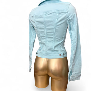 Blue denim zip up tight fit biker jacket (XS)