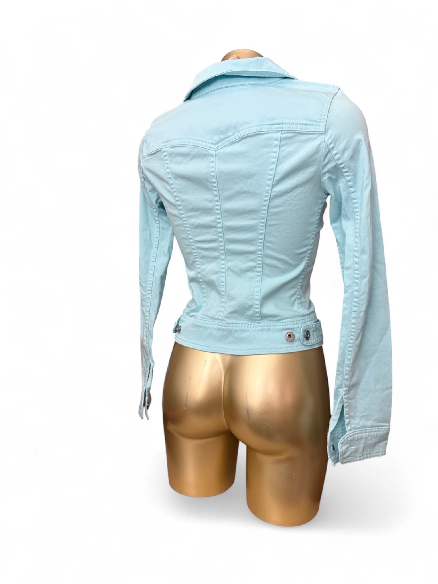 Blue denim zip up tight fit biker jacket (XS)