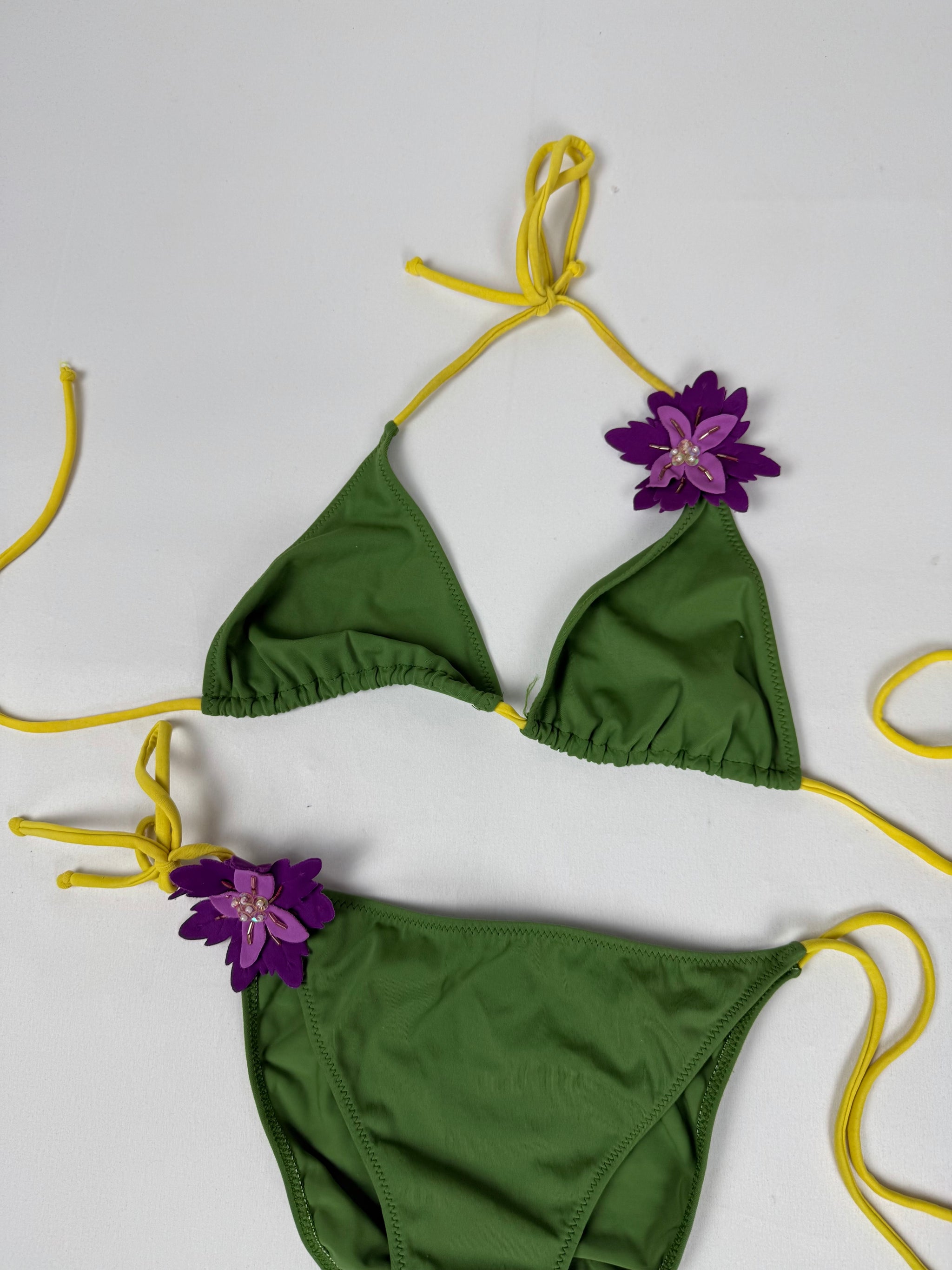 Green flower appliquée low rise bikini set (M/L)