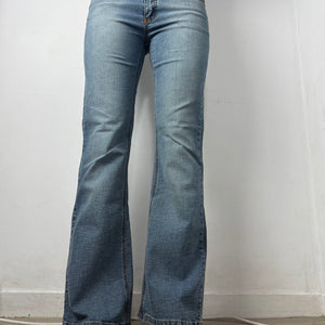 Blue denim low rise flare pants (S)