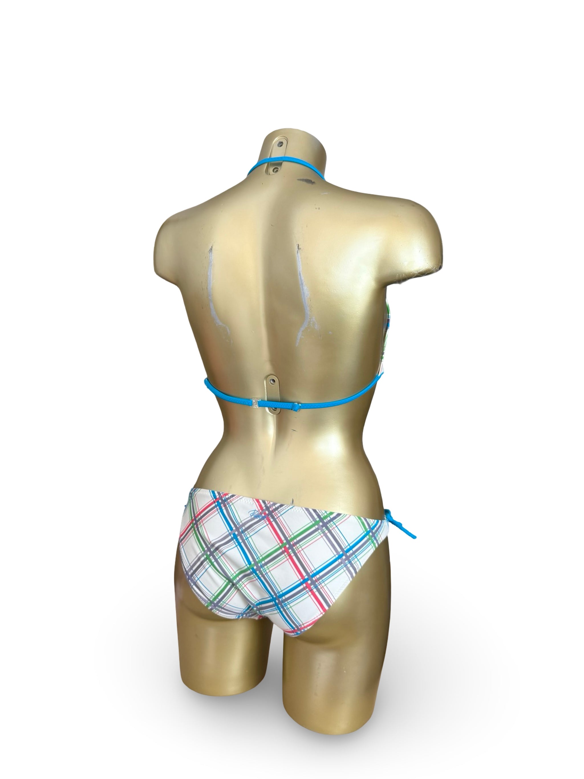 Blue check print low rise bikini set (S)