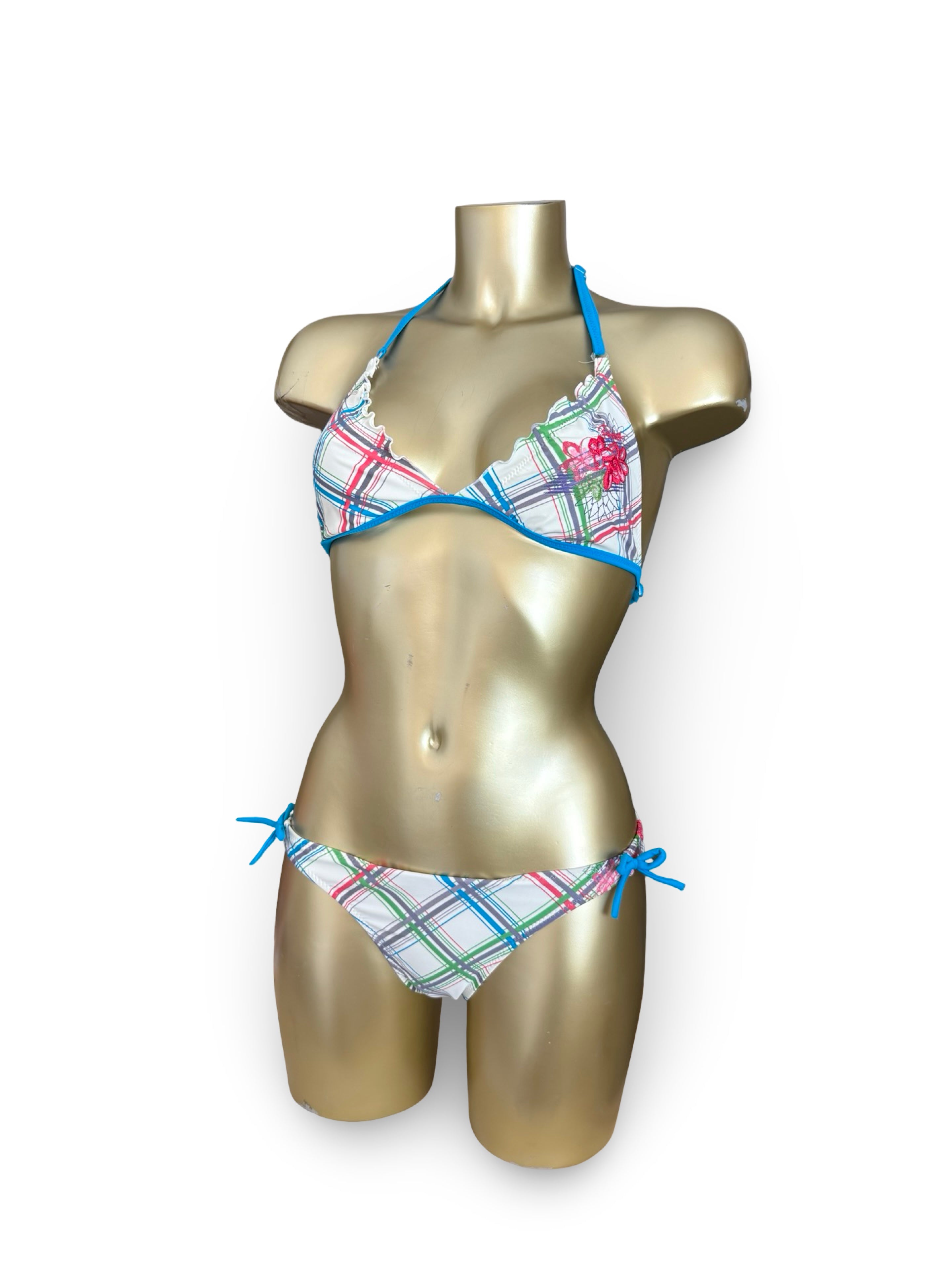 Blue check print low rise bikini set (S)