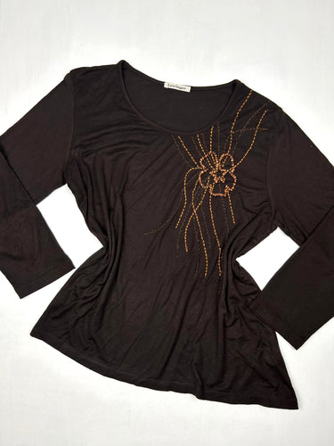 Brown pearls embroidered floral print long sleeves top (L)