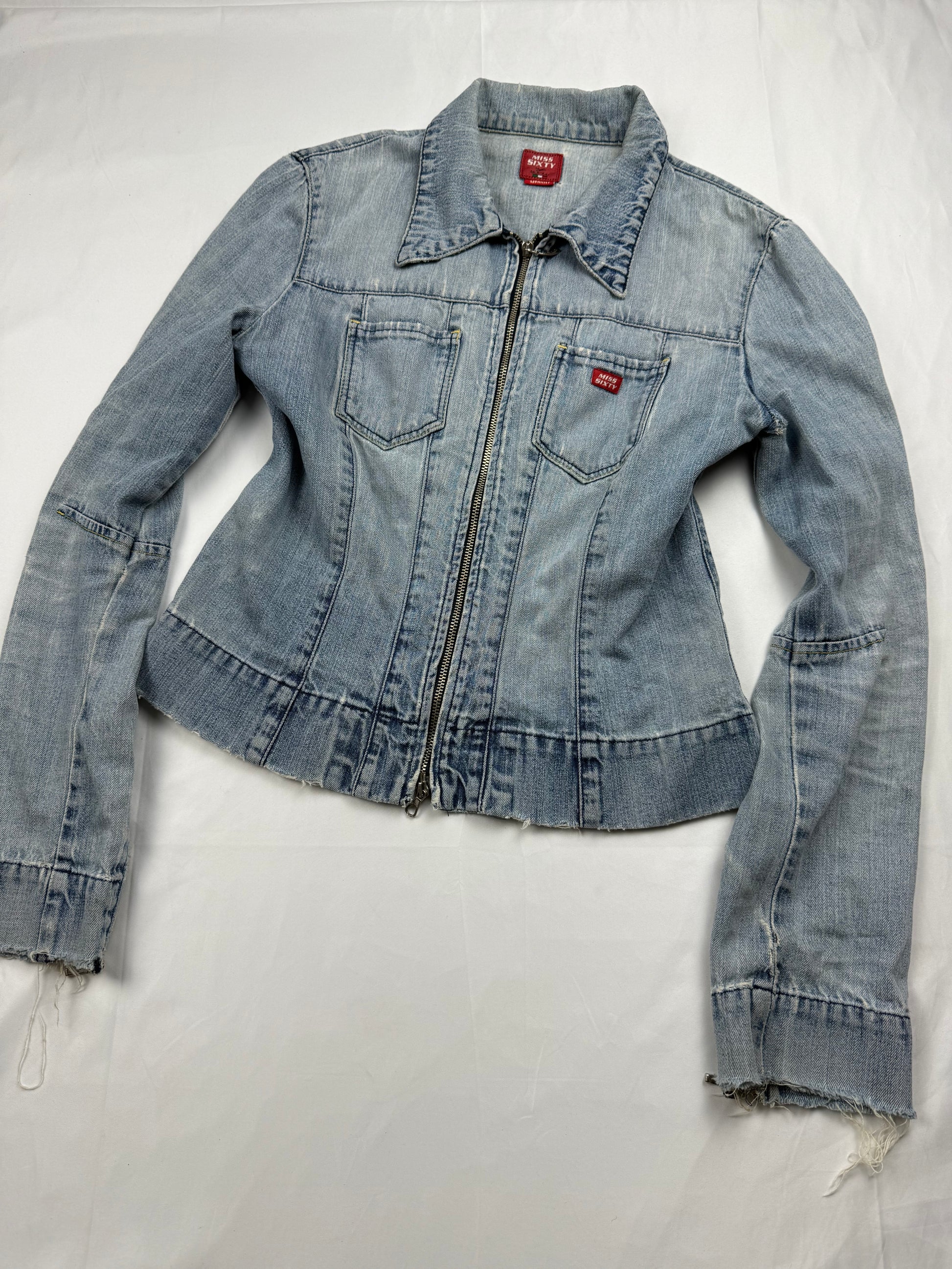 Blue denim tight fit zip up biker jacket (M)