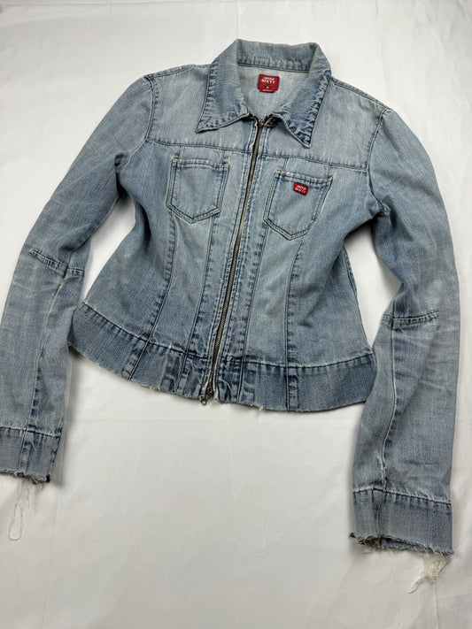 Blue denim tight fit zip up biker jacket (M)