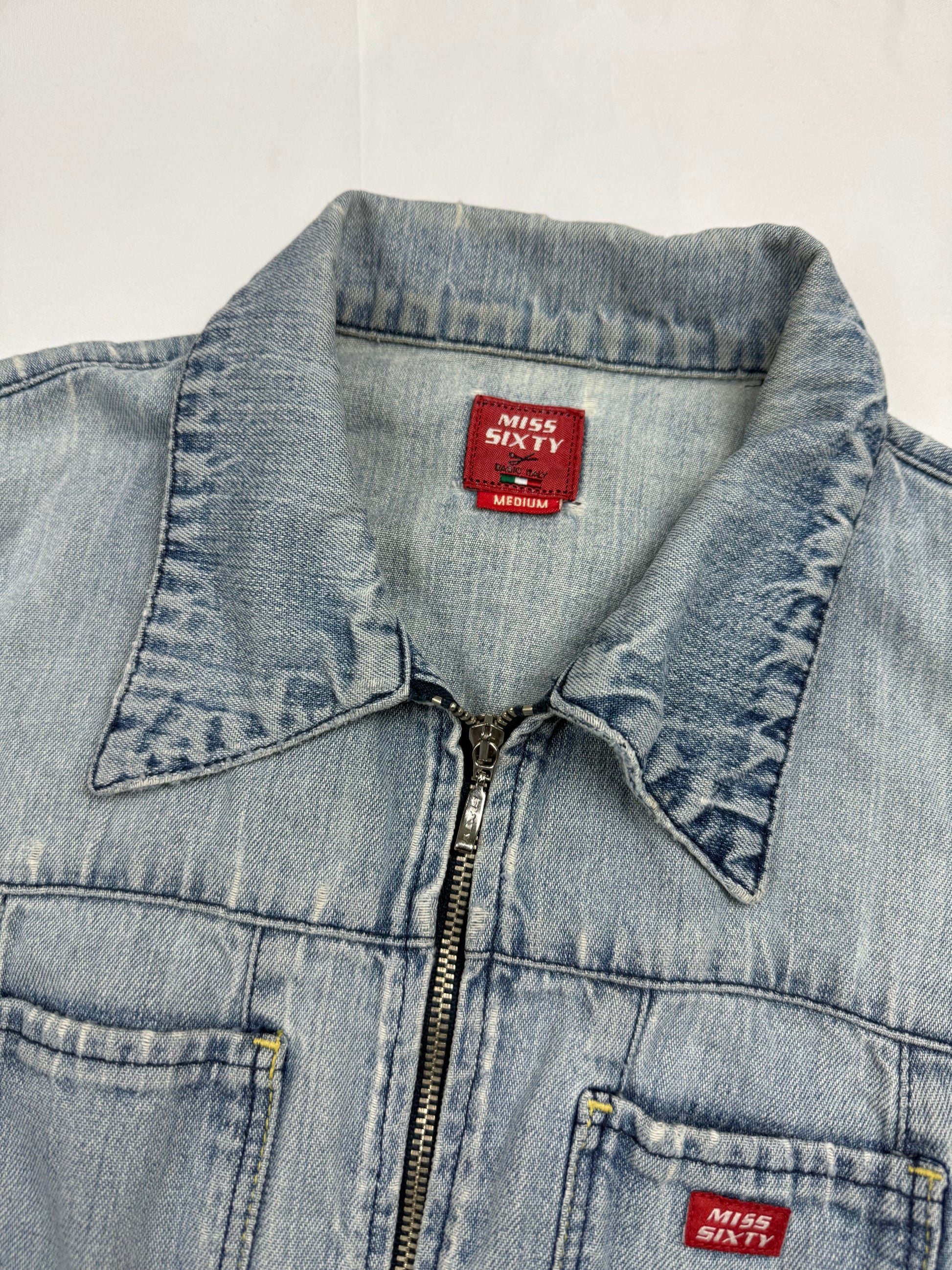 Blue denim tight fit zip up biker jacket (M)