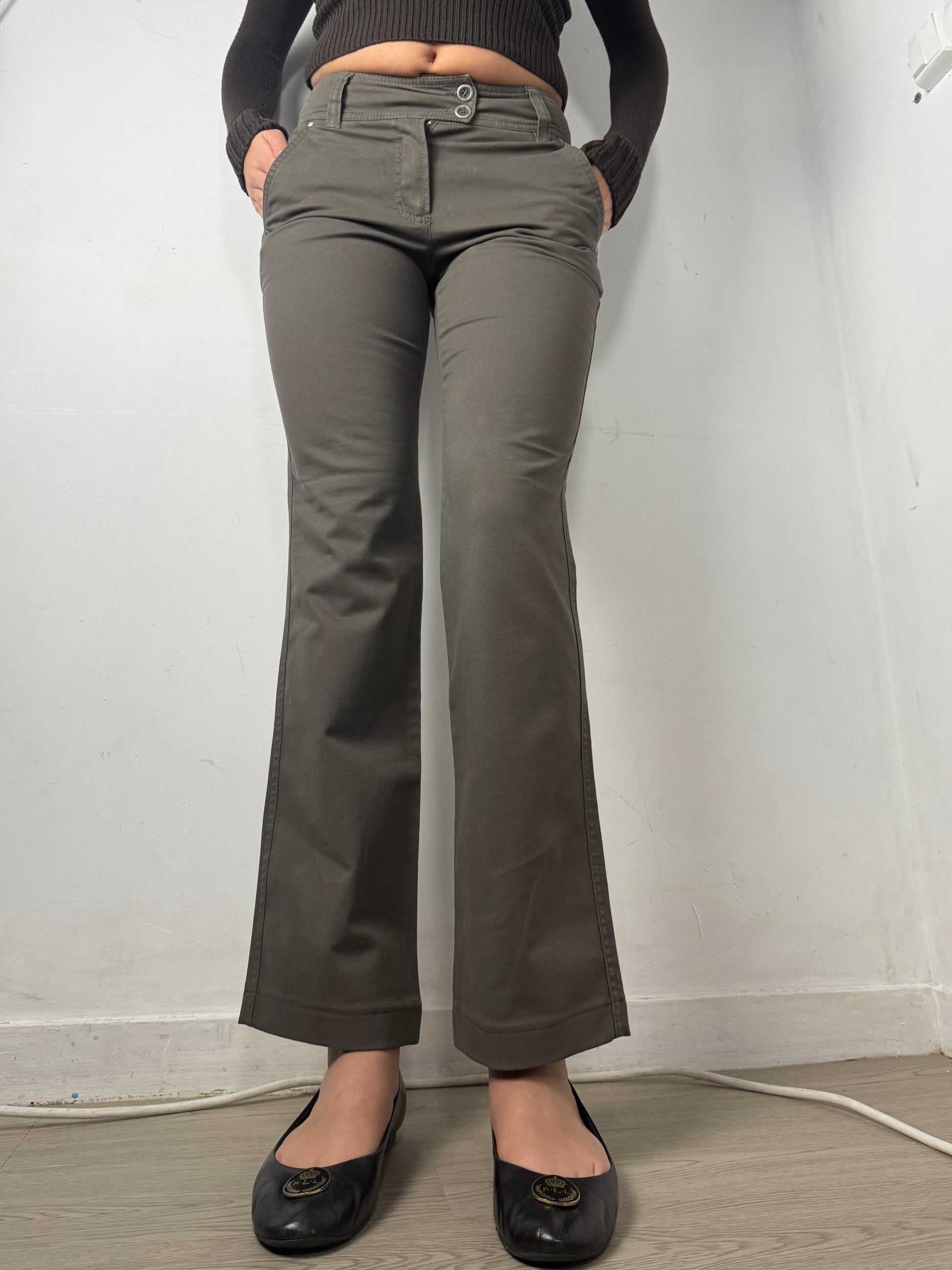 Khaki low rise straight legs denim pants (S)