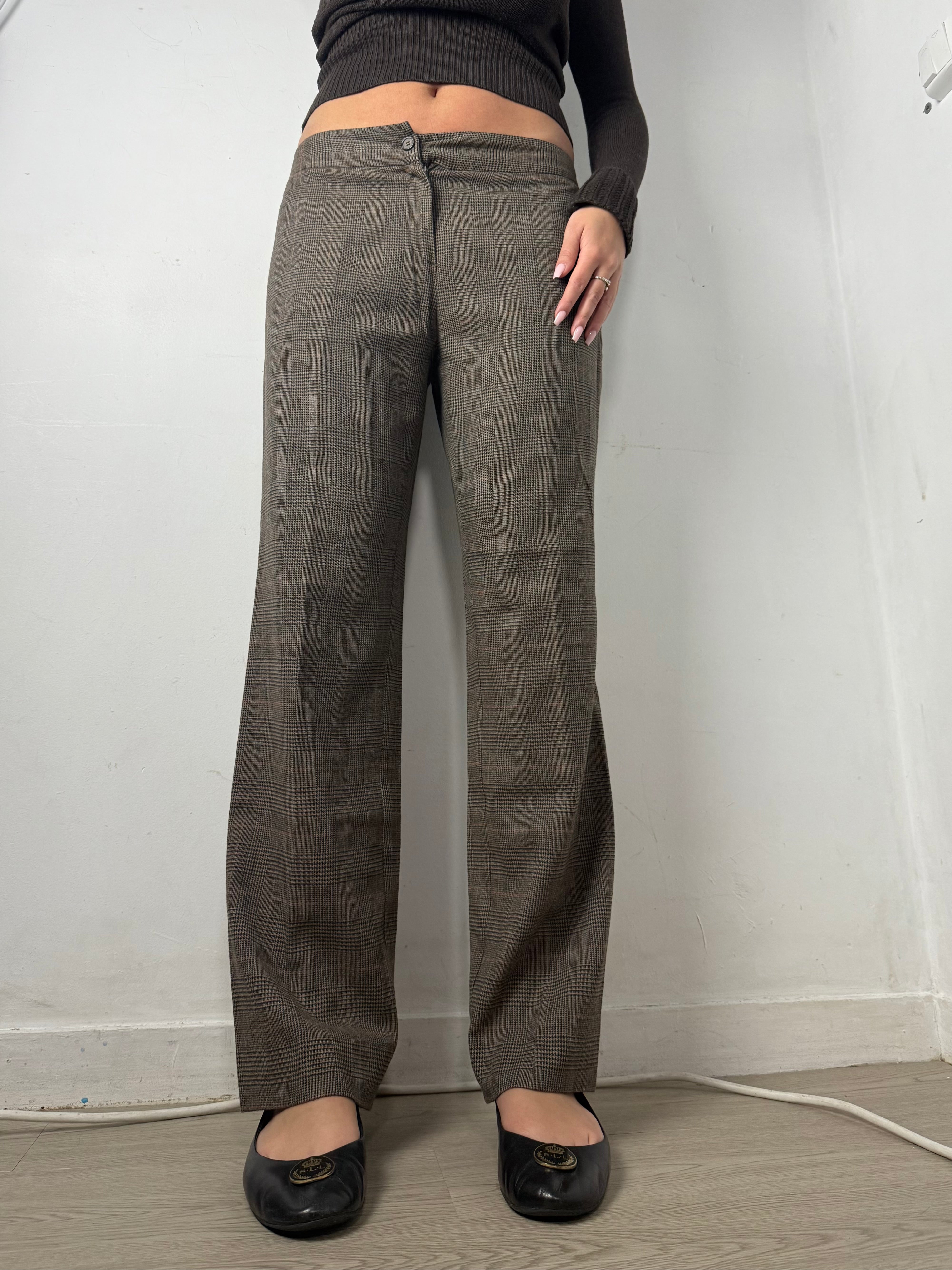Beige check print low waist flare office pants (L)