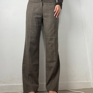 Beige check print low waist flare office pants (L)
