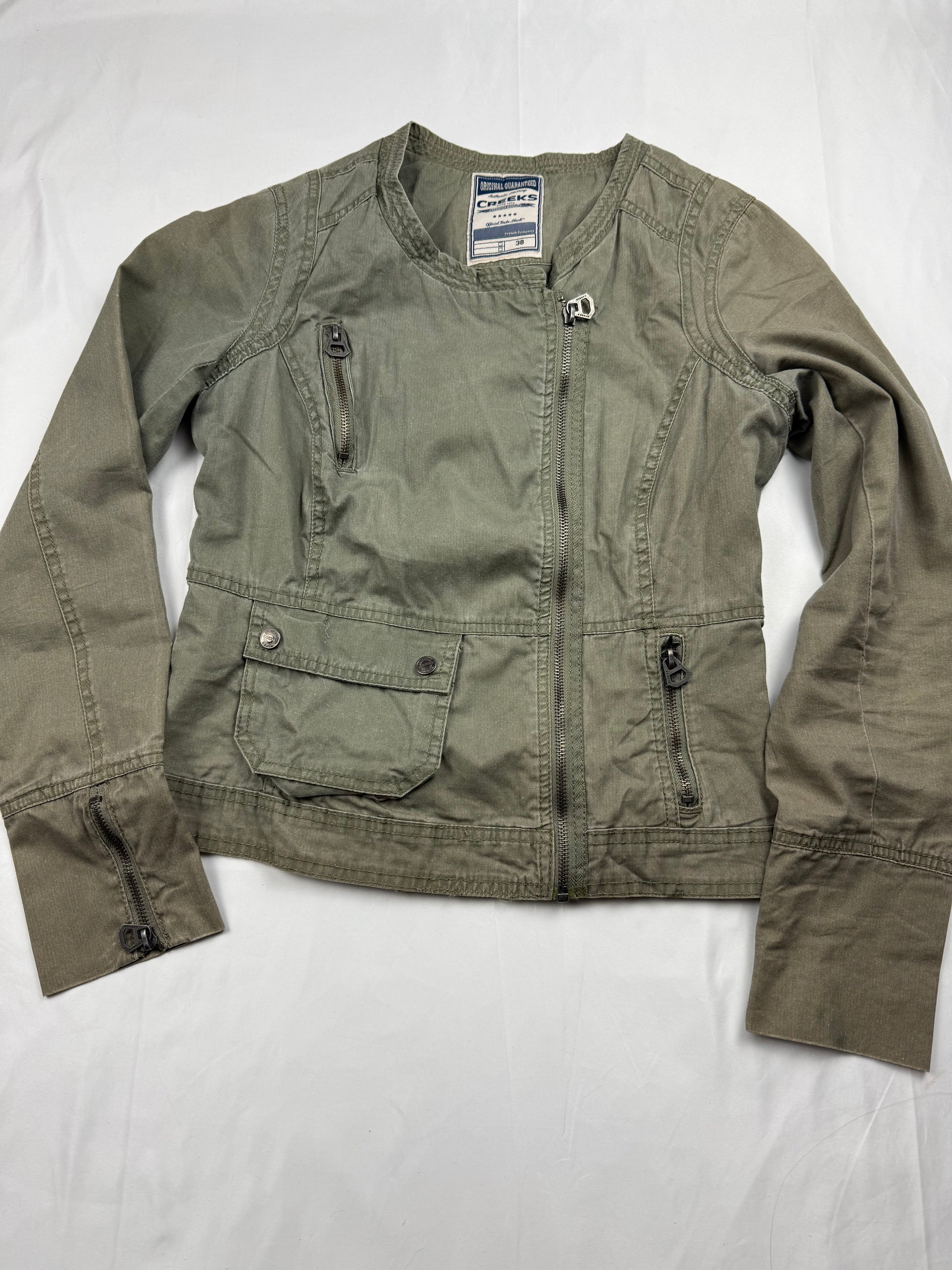 Khaki 100% cotton zip up biker jacket (S/M)