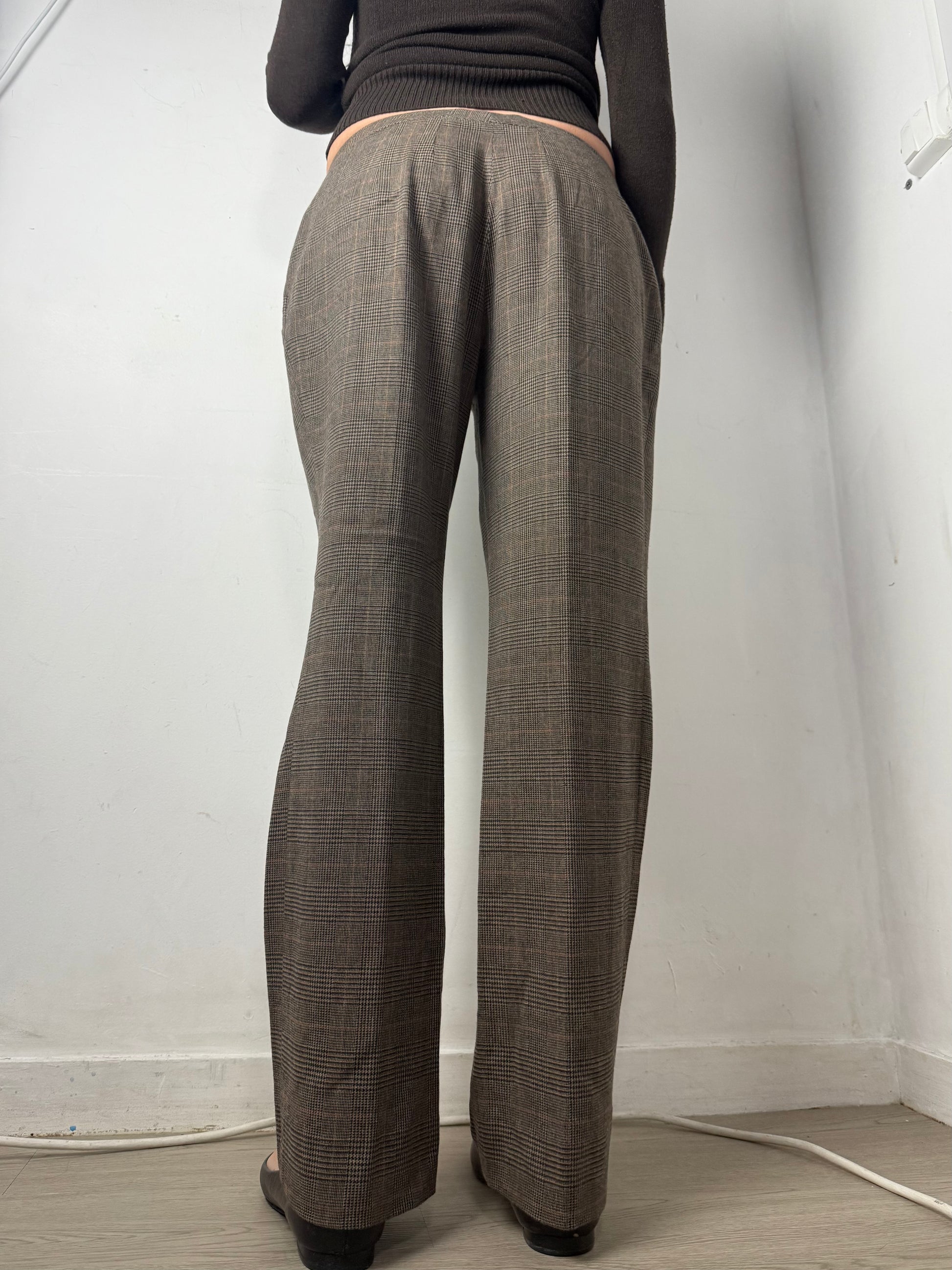 Beige check print low waist flare office pants (L)
