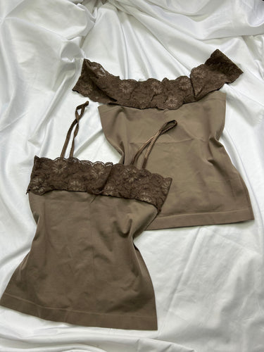 Khaki super stretchy lace top (S/M)