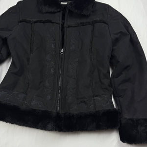 Black zip up embroidered suede inside faux fur jacket (XL)