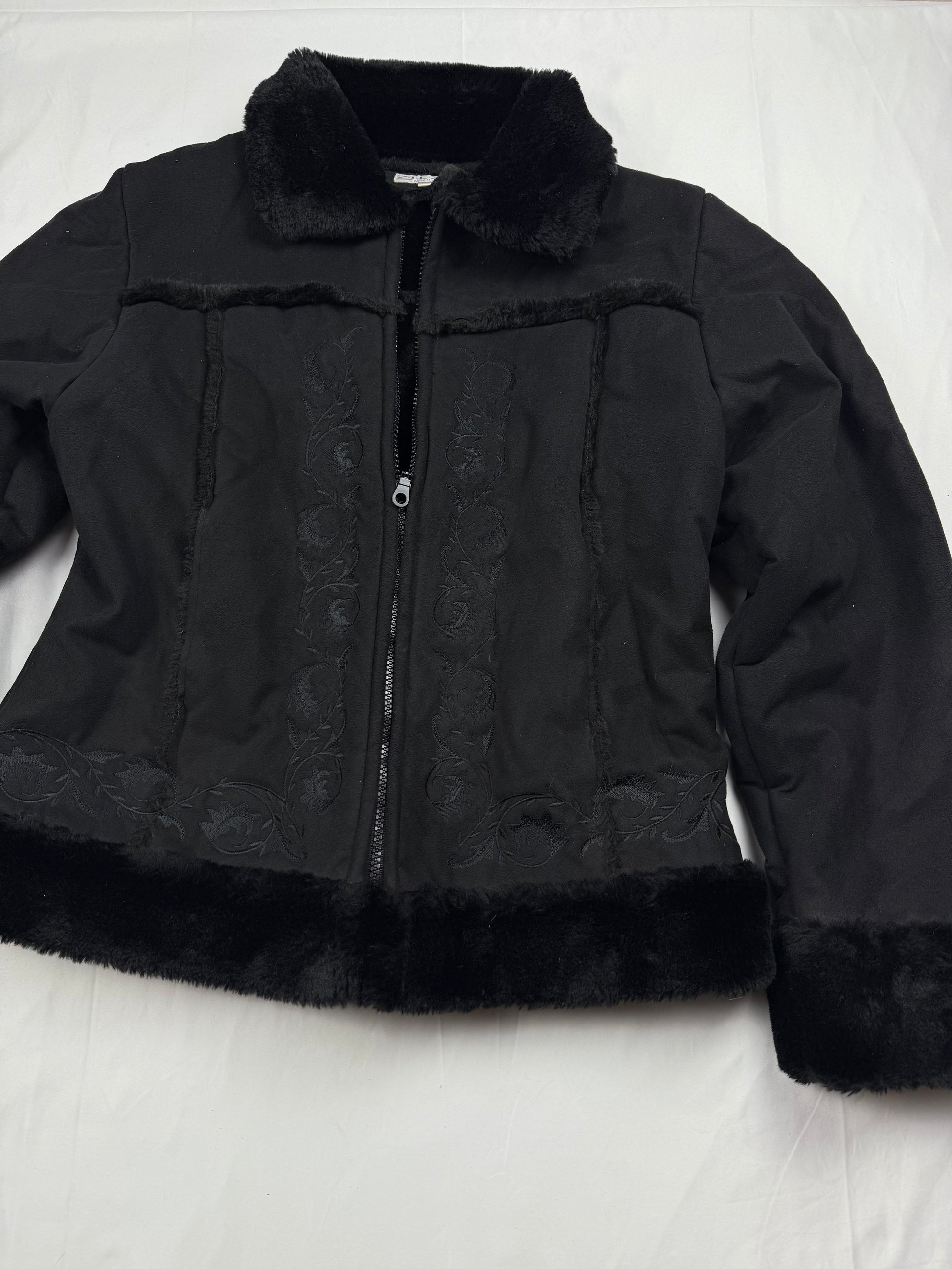 Black zip up embroidered suede inside faux fur jacket (XL)