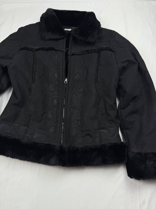 Black zip up embroidered suede inside faux fur jacket (XL)