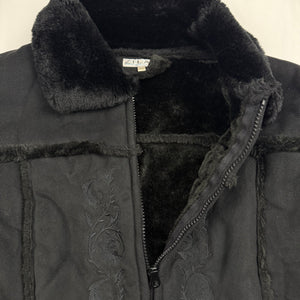 Black zip up embroidered suede inside faux fur jacket (XL)