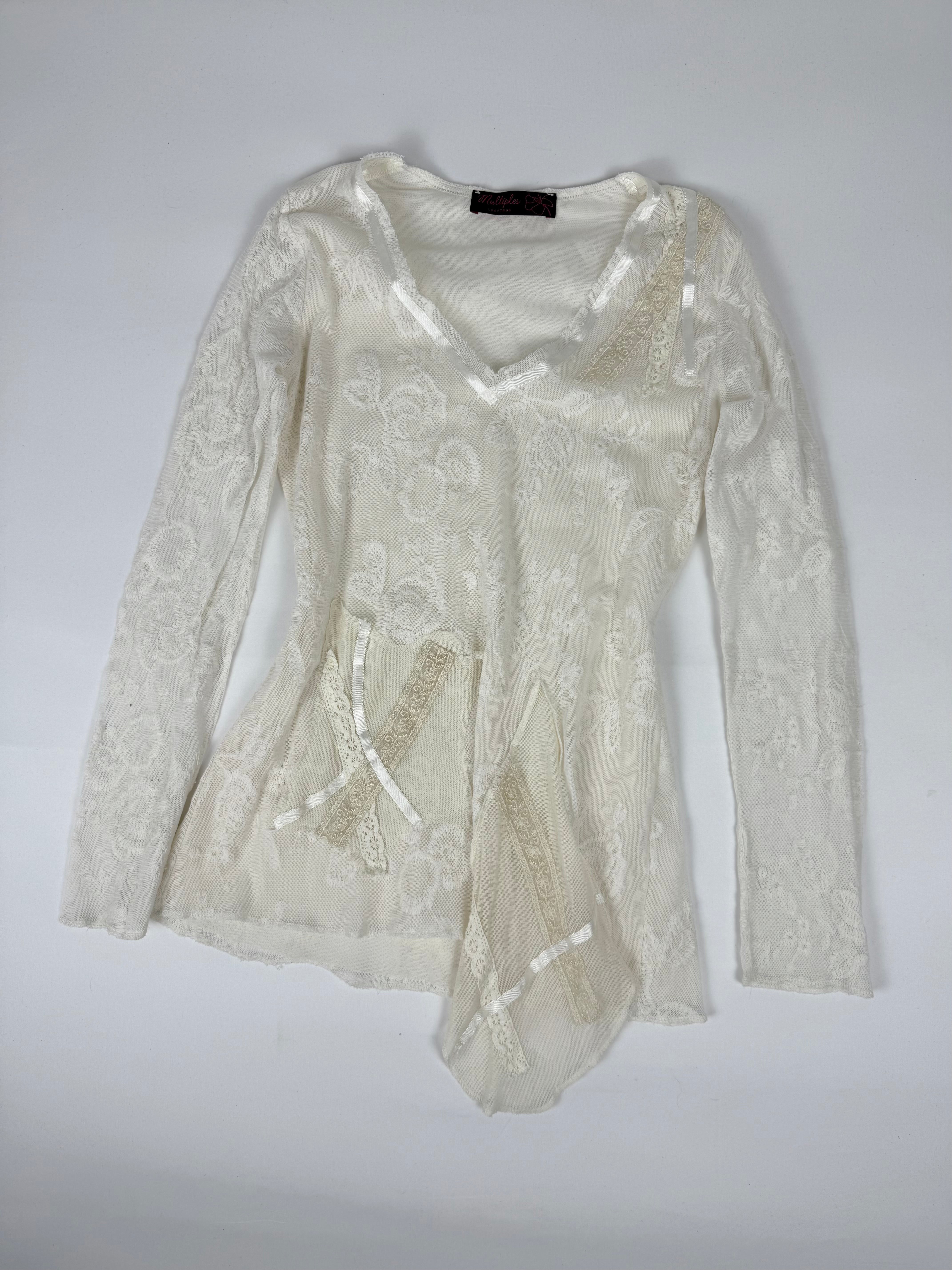 White lace asymmetric long sleeves top (L)