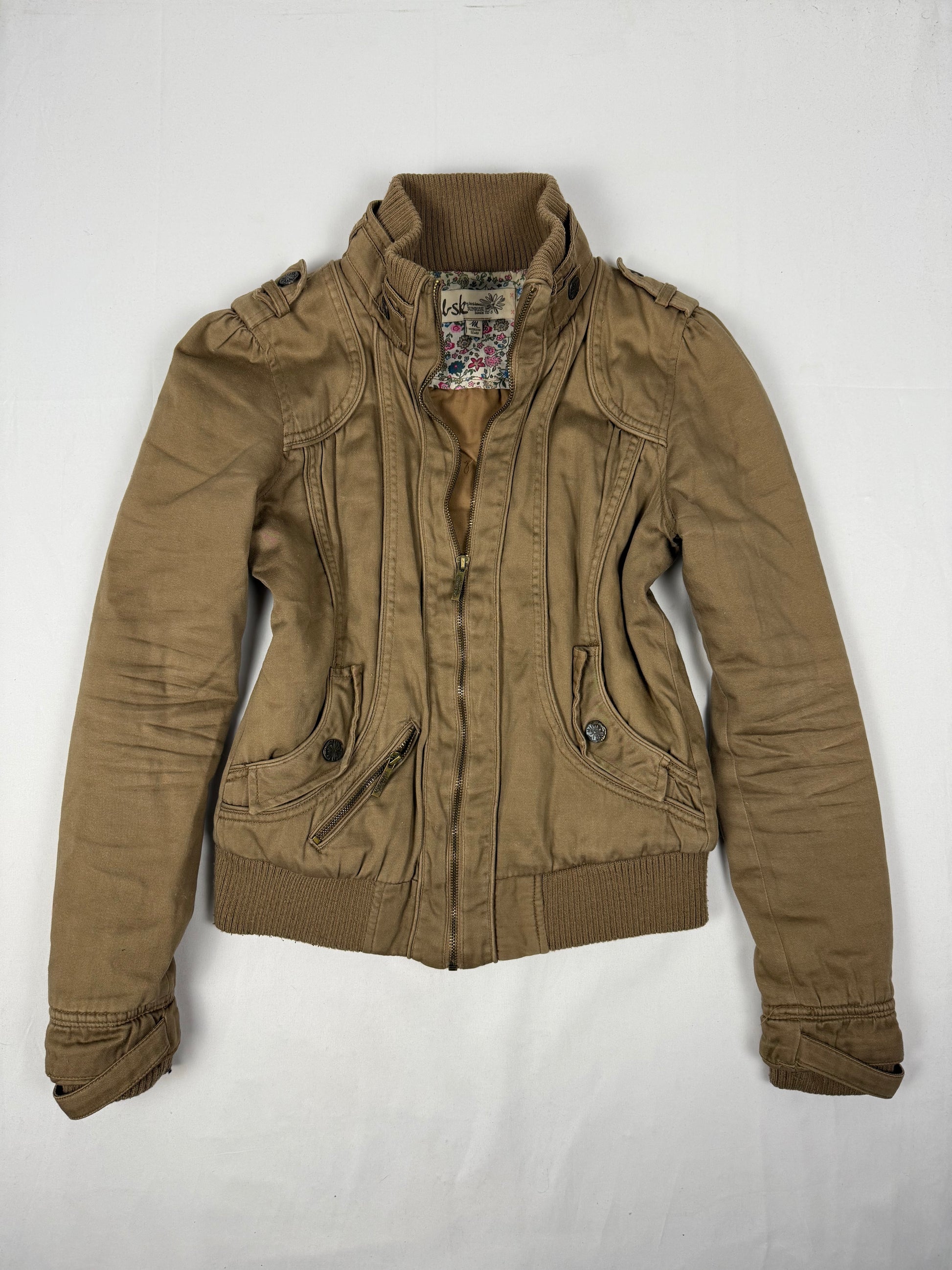 Beige cotton zip up biker jacket (M)