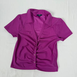 Purple ruched polo neck tee (S)