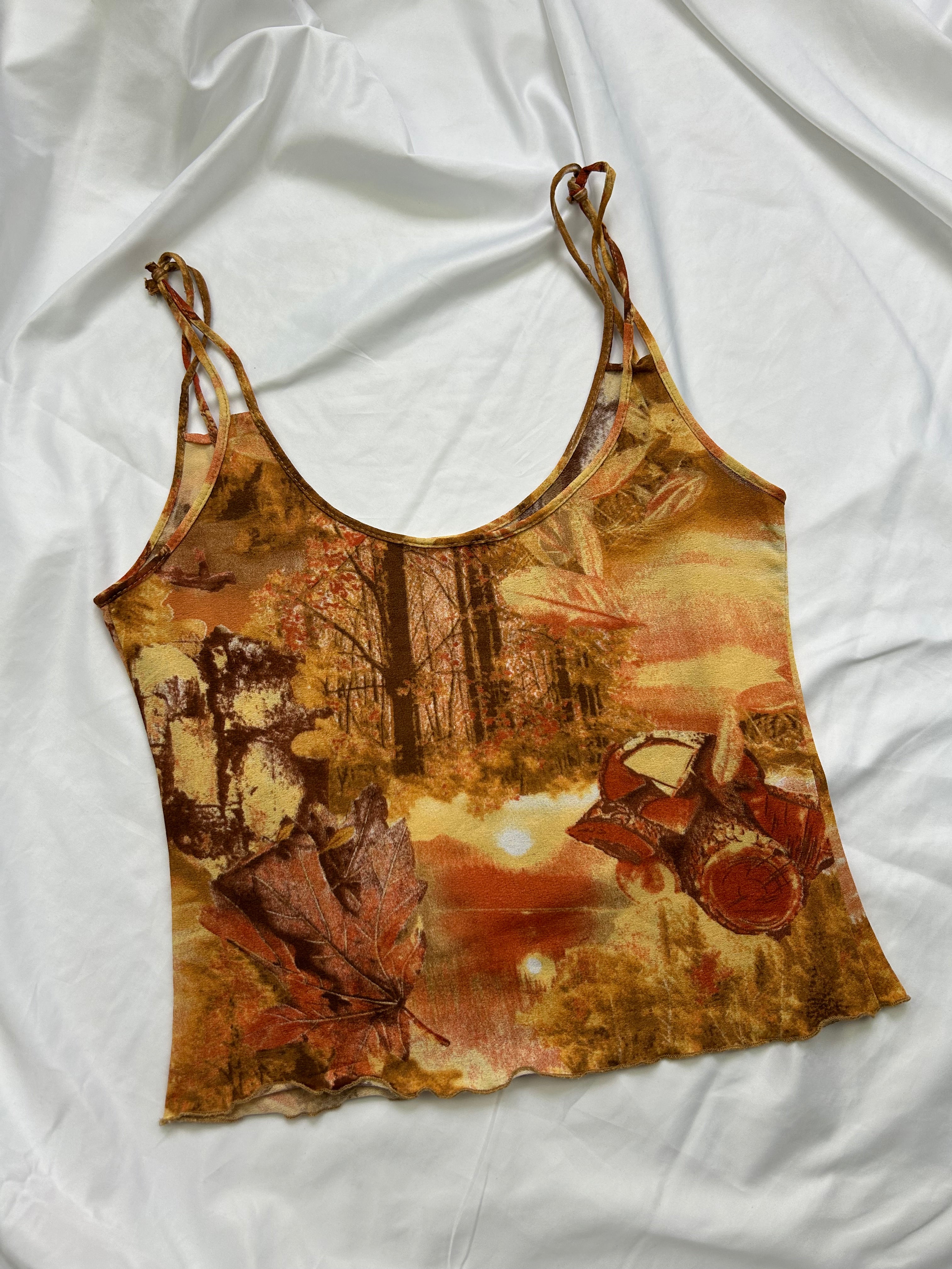 Beige graphic mesh lined cami  top (S/M)