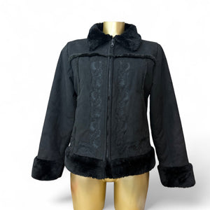 Black zip up embroidered suede inside faux fur jacket (XL)