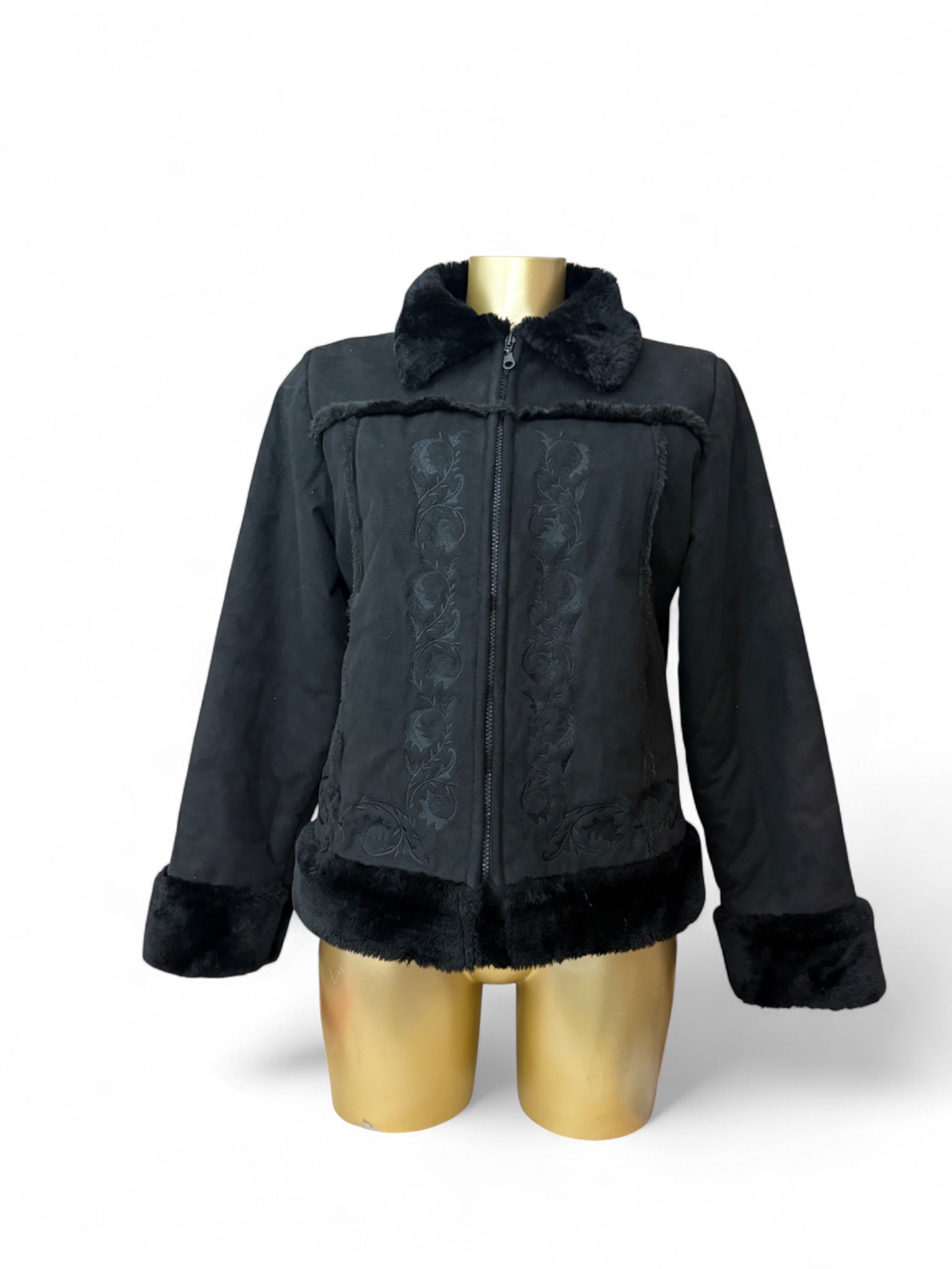 Black zip up embroidered suede inside faux fur jacket (XL)