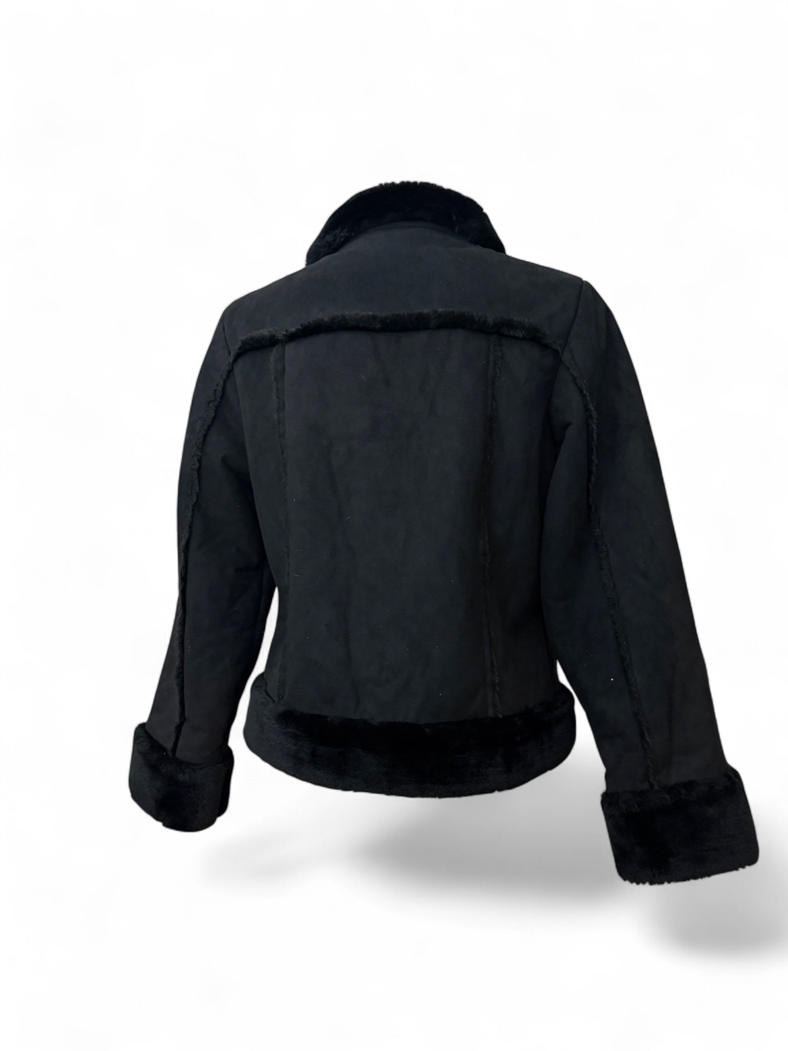 Black zip up embroidered suede inside faux fur jacket (XL)