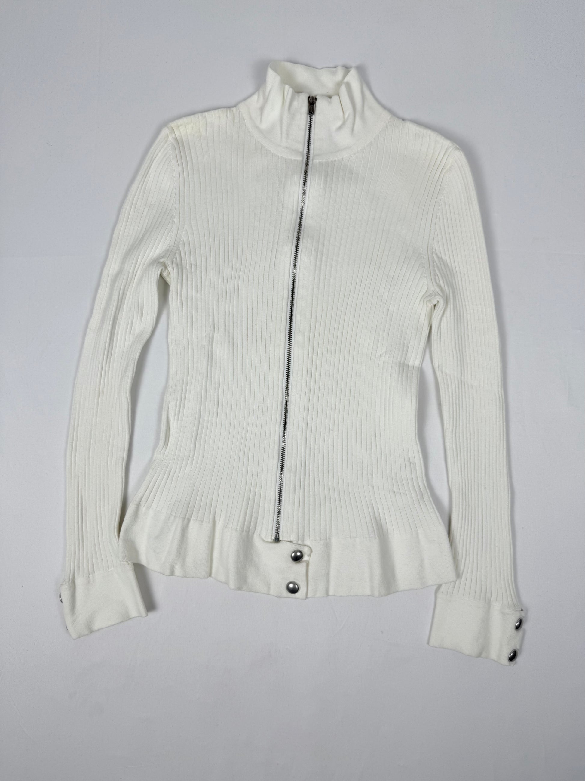 White ribbed zip up knitted jacket jumper (S/M)