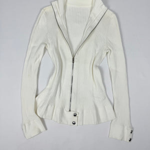 White ribbed zip up knitted jacket jumper (S/M)
