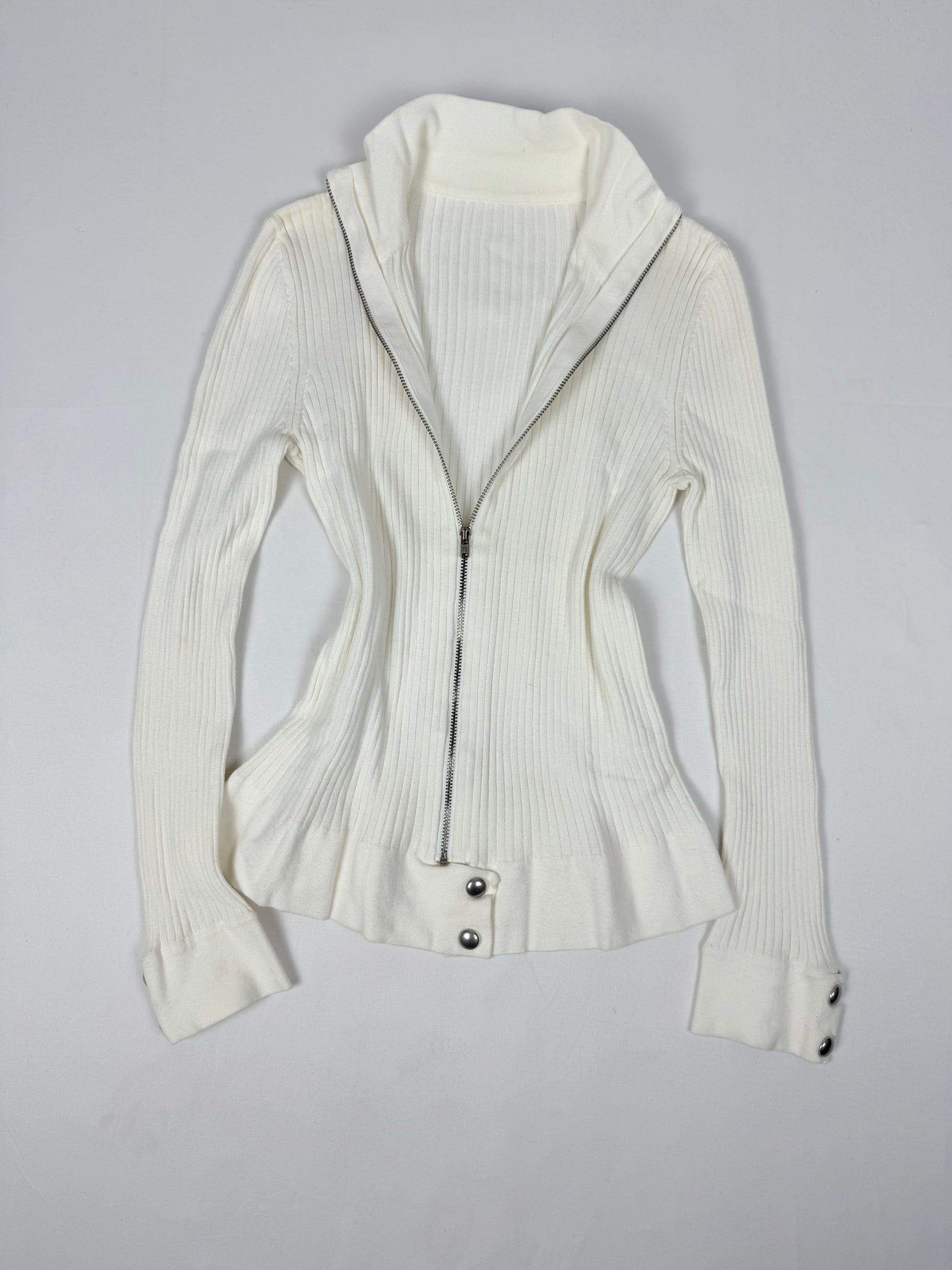 White ribbed zip up knitted jacket jumper (S/M)