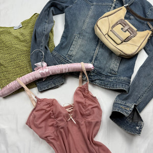 Blue denim zip up biker jacket (S)