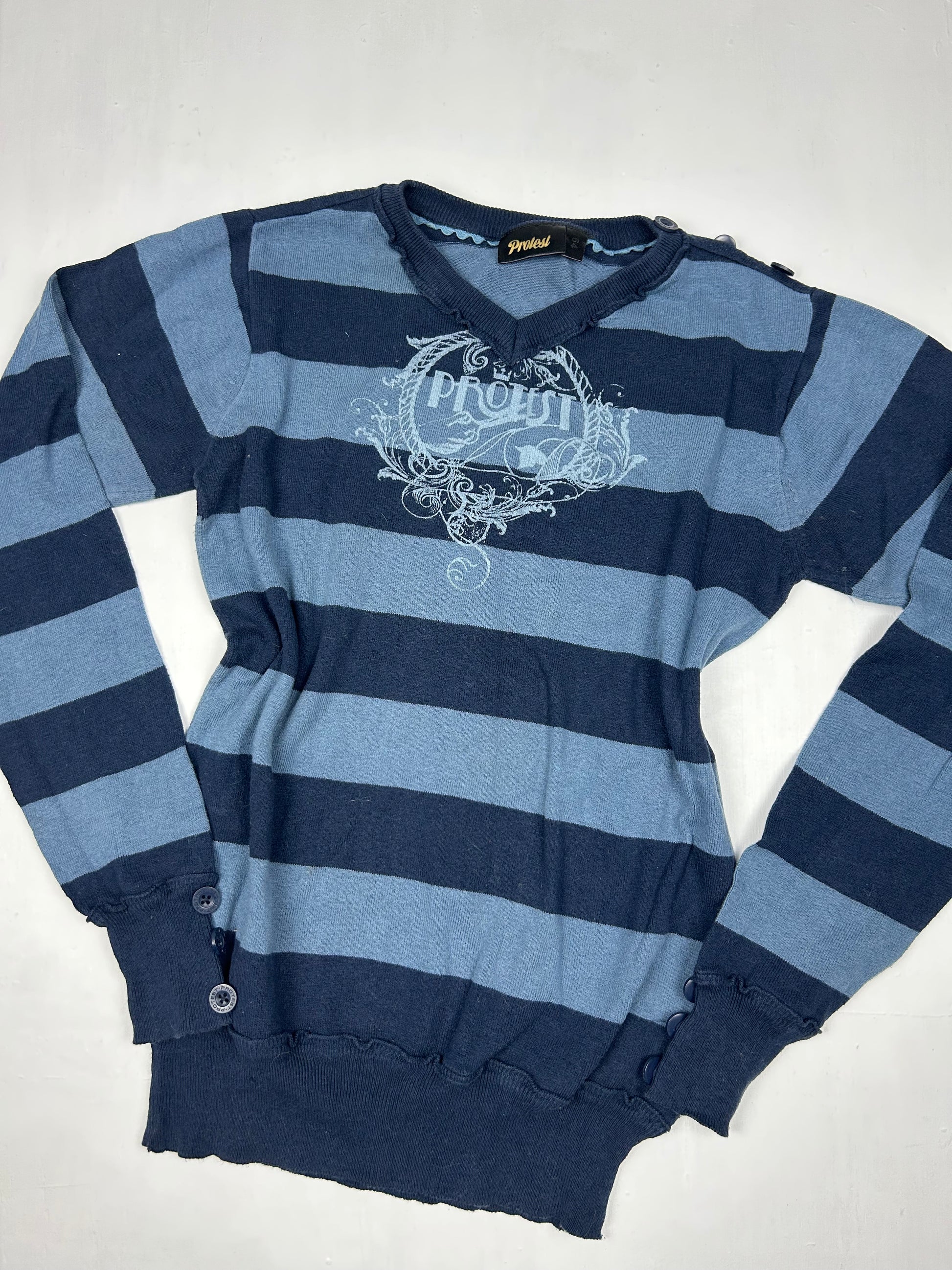 Blue striped V neck jumper (S)