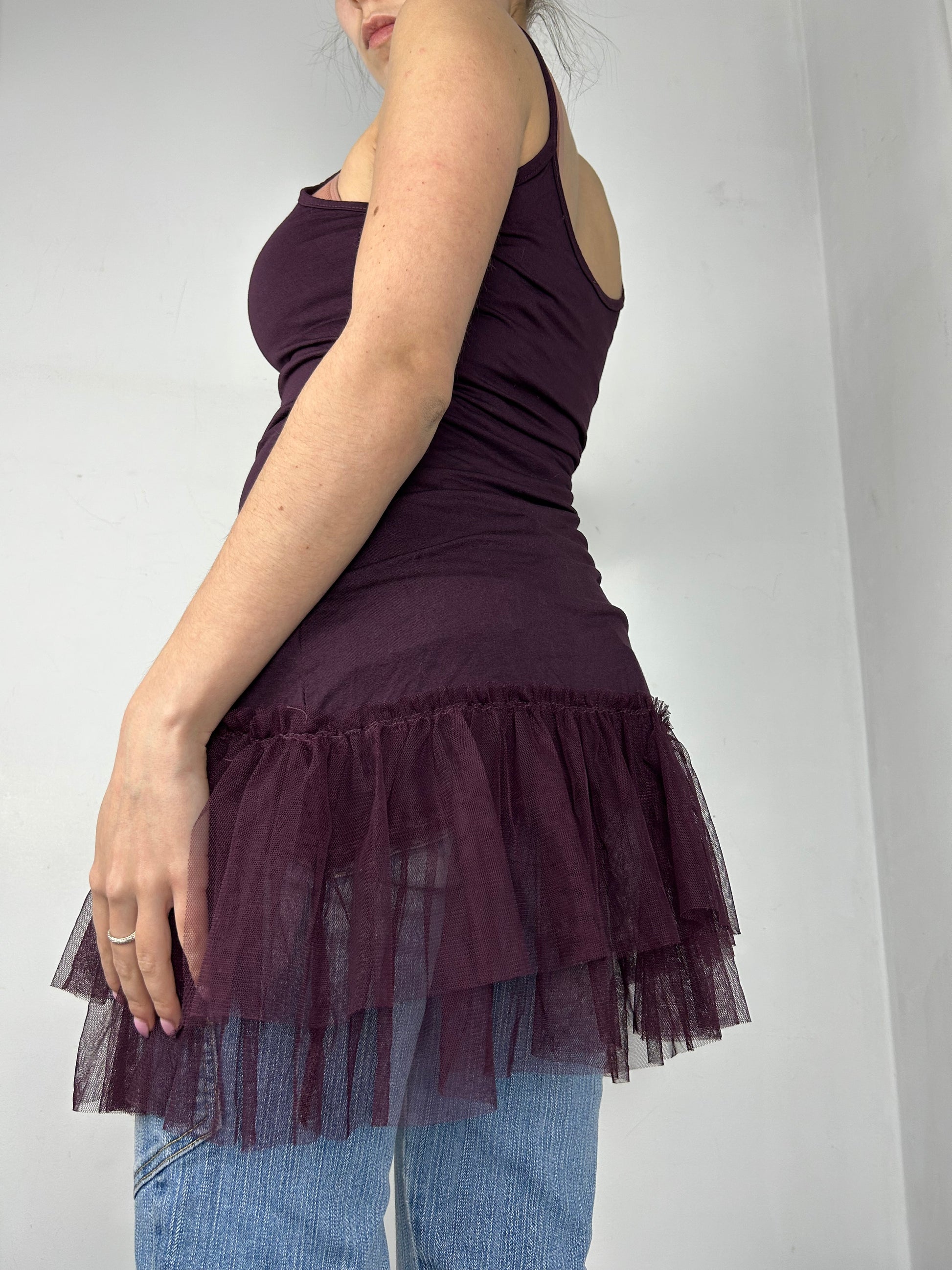 Purple stretchy pleated mini dress (S/M)